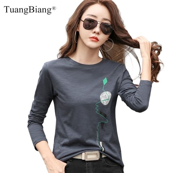 

spring cotton 100% long sleeve t-shirt loose printing winter slim gray-blue tee ladies coffee split hem o-neck 210708, White