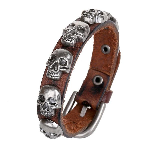 

tennis punk fashion flat genuine leather skull men bracelets 25.5cm adjustable size retro brown male bangles wrist jewelry accessories, Golden;silver