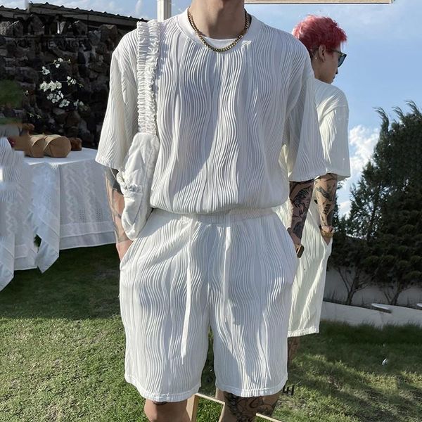 

men's tracksuits pleated design mens tracksuit half sleeve pullover t shirt elastic waist straight shorts matching set outfit summer me, Gray