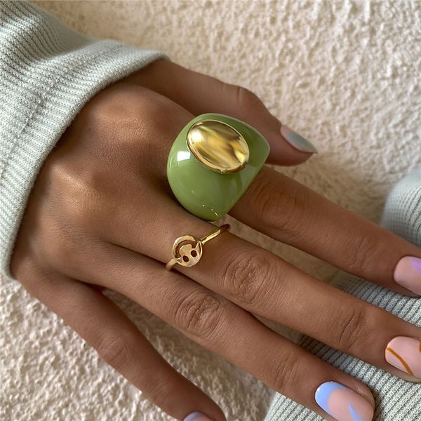 

europe retro wide smiling face finger ring geometric acrylic hollow out alloy rings women ellipse party gift punk hand jewelry sets accessor, Golden;silver