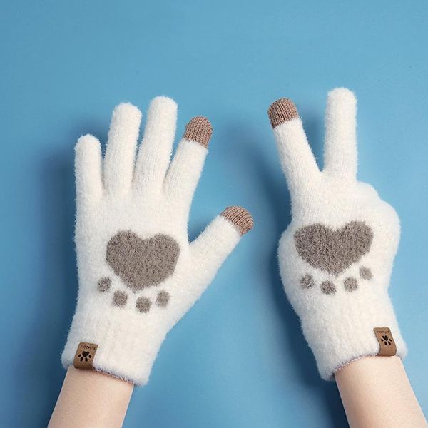 

sports gloves myalice winter women's knitted warm touch screen thick patchwork mittens fleece outdoor windproof cat pattern glove, Black