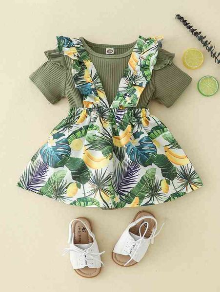 

baby ruffle trim bodysuit & tropical print overall dress she, White