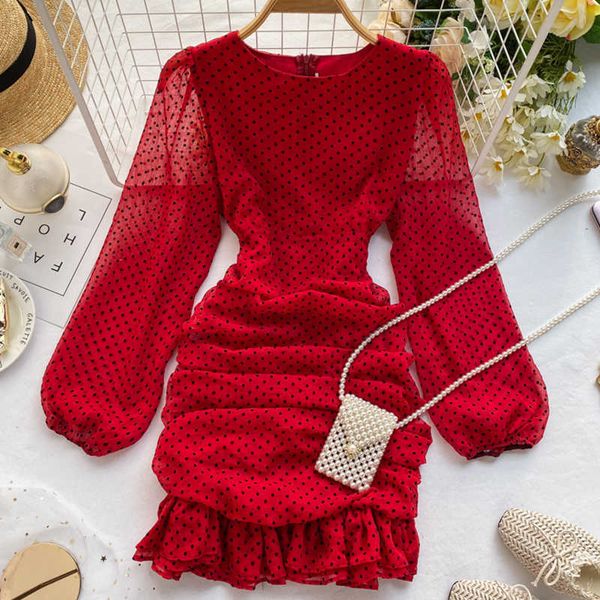 

runway designer 2020 beige/black/green/red polka dot mini dress spring summer long sleeve round neck slim ruffle boho dress y0603, Black;gray