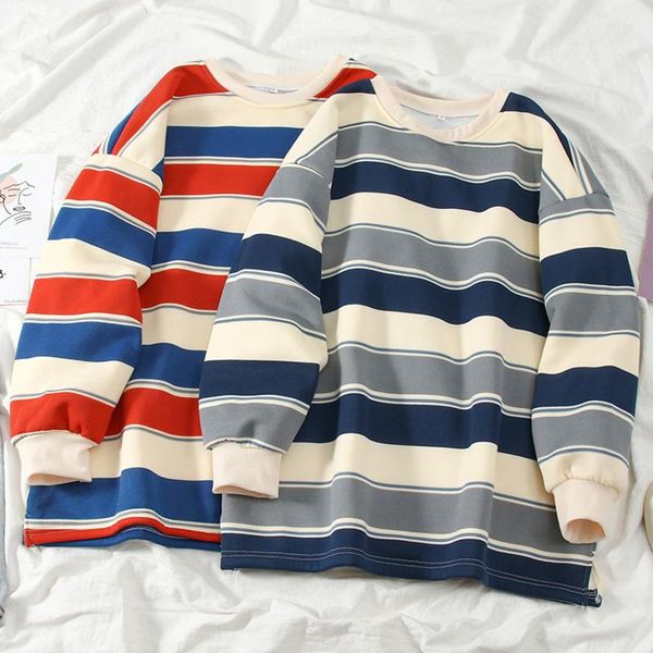 

women's hoodies & sweatshirts women autumn o-neck striped patchwork sweatshirt casual cotton all-match korean pullovers kpop oversize t, Black