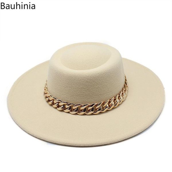 

wide brim hats bauhinia 8.5cm felt fedoras hat with thick gold chain band panama women artificial wool jazz cap, Blue;gray