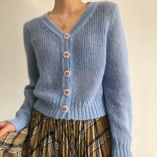 

sweaters wool and mohair sweater women's flower button v-neck long sleeve hollow out female knitted short cardigan autumn, White;black