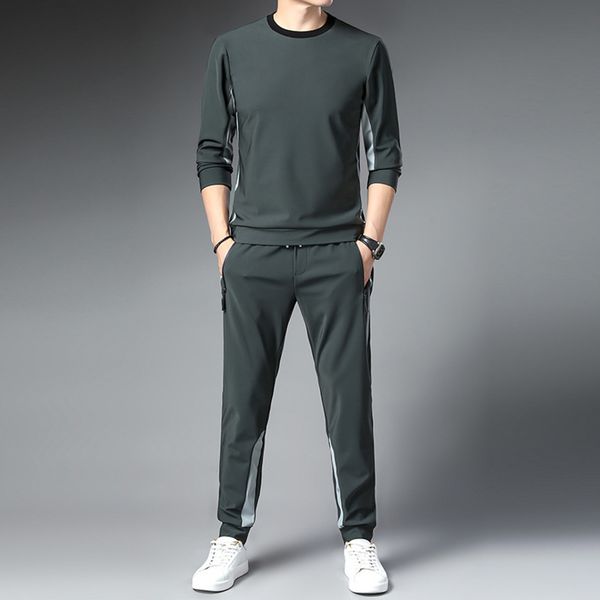 

2021 spring and autumn new men's suit ice silk korean version loose round neck pullover sweater leisure sports two-piece set, Gray