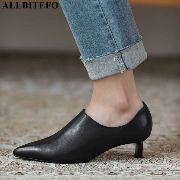 

allbitefo genuine leather brand high heels party women shoes thin heels office ladies shoes women high heel shoes 210611, Black