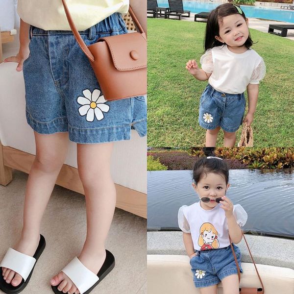 Jeans Keelorn Girls Short 2023 verão sólido calça jeans solta de cintura alta coreana Flores de roupas impressas