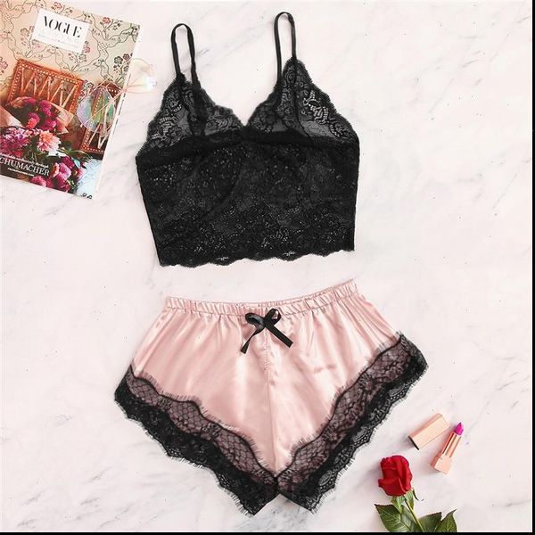 

2pcs lingerie set pijamas women sleepwear lace trim satin vintage cami sleep black v neck sleeveless camisole underwear, Black;red