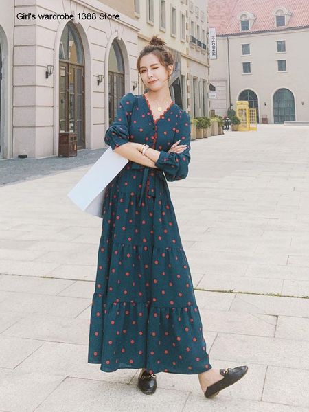 

casual dresses polka dot dress women's long sleeve spring and autumn 2021 style waistline shows thin temperament, light mature french, Black;gray