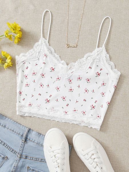 

ditsy floral lace detail crop cami e9jz#, White