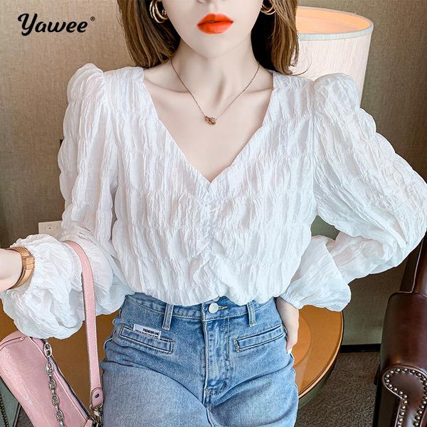

women's blouses & shirts 2021 fashion chiffon women blouse and office long sleeve white with tie v neck loose female clothing