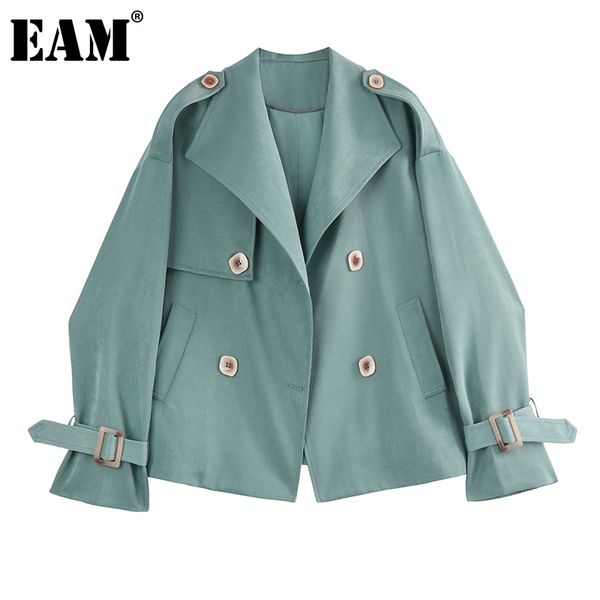 

[eam] loose fit khaki double breasted big size jacket lapel long sleeve women coat fashion spring autumn 1dd7876 21512, Black;brown