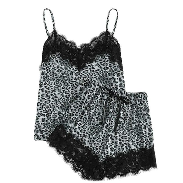 Moda Girls Sexy Laço bonito Lace Leopard Imprimir roupa interior e shorts pijama set q0706