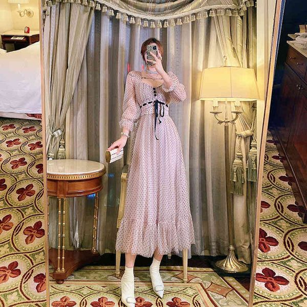 

dresses 2021 early spring boho tulle vintage women square collar long sleeve polka dot pink mesh tunic midi, Black;gray