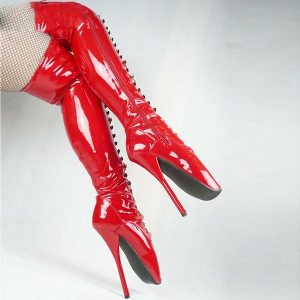 

boots shiny women's very high heel ballet shoes lace up leather club sexy, Black