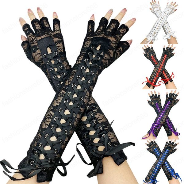 Frauen Lange Mesh Handschuhe Arm Hülse Spitze Verband Halbfinger Handschuhe Satin Band Bindet Coole Gothic Punk Fünf Finger Handschuhe