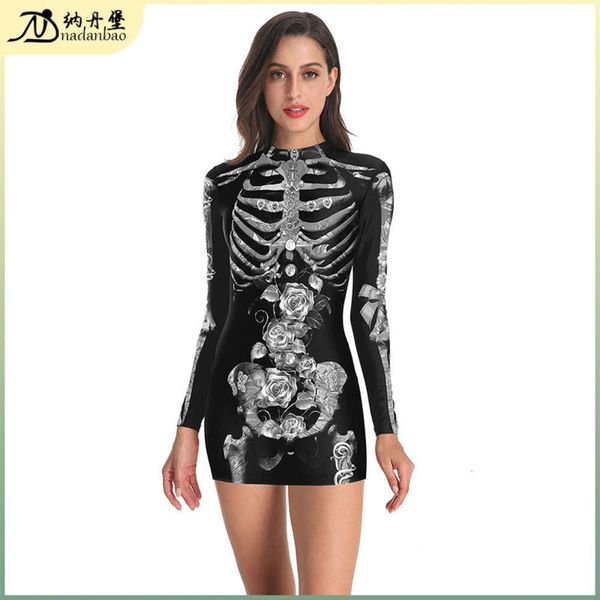 

casual dresses bt selling long sve drs with and skull rose print, Black;gray