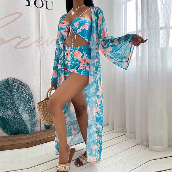 

one-piece suits women print high waist swimsuit 2021 three pieces bikini set sun protection beachwear conservative swimwear bathing sui