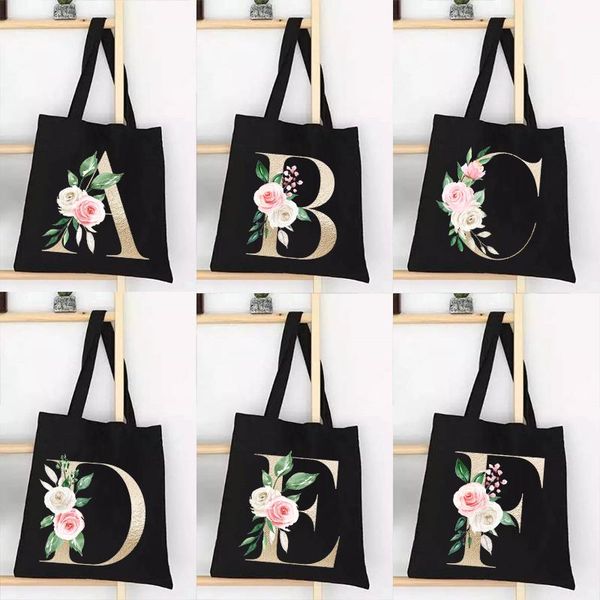 

storage bags alphabet flower printed canvas black shopping totes reusable shoulder bookbag gift handbag eco shopper travel pouch