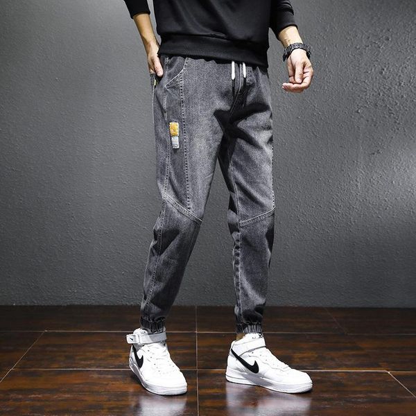 

men's cropped trousers jeans trend printing casual men clothing goth splicing little feet, Blue