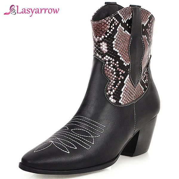 

boots lasyarrow winter woman mixed color ankle for women thick high heels slip on ladies shoes botas feminina, Black