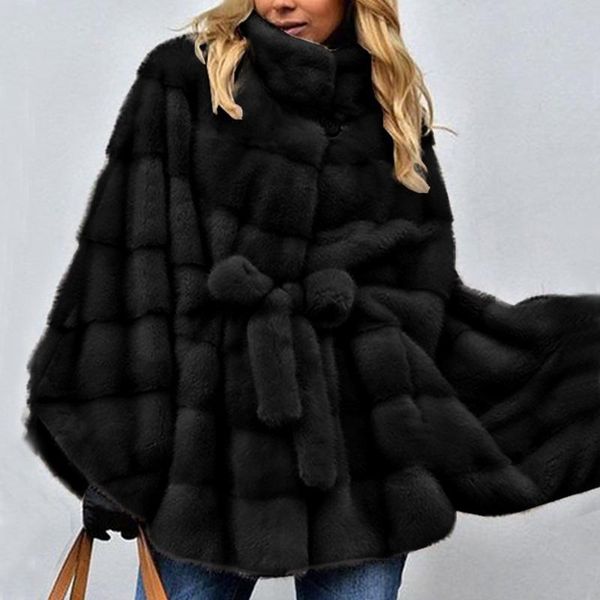 

women's wool & blends 2021 elegant belt faux fur coat women winter fashion medium long artifical lady warm fake cloak coats#wy, Black