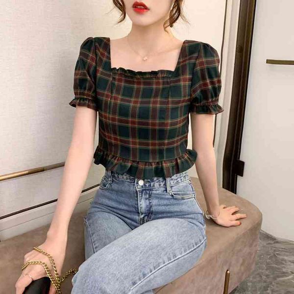 

women blouse summer shirts plaid puff sleeve square collar slim fashion ladies shirt woman blouse and top, White