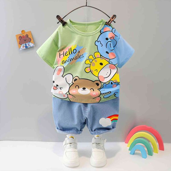 

clothes sets baby kids outfits boys summer 1 2 3 4 years cartoon animal short cotton t shirt printed clothing, White