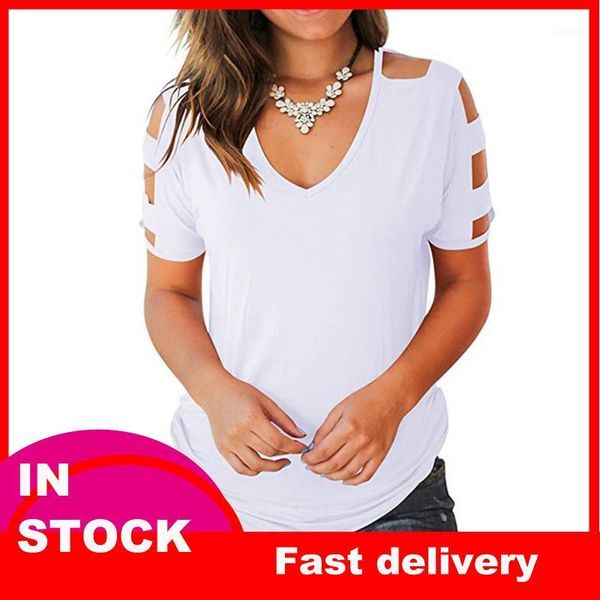 

women's t-shirt t shirt women 2021 fashion harajuku hollow out sleeve solid summer loose v-neck plus size short top, White