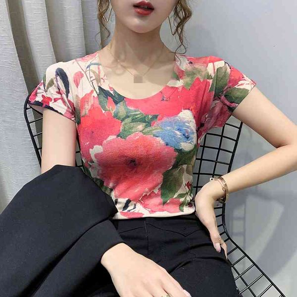 

women's t-shirt summer korean clothes t-shirt fashion print flowers women ropa mujer cotton short sleeve bottoming shirt tees, White