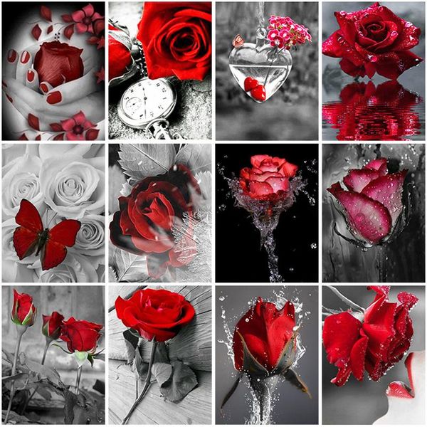 

diamond painting 5d diy rose full square round drill embroidery flower black and white mosaic rhinestone home decor gift