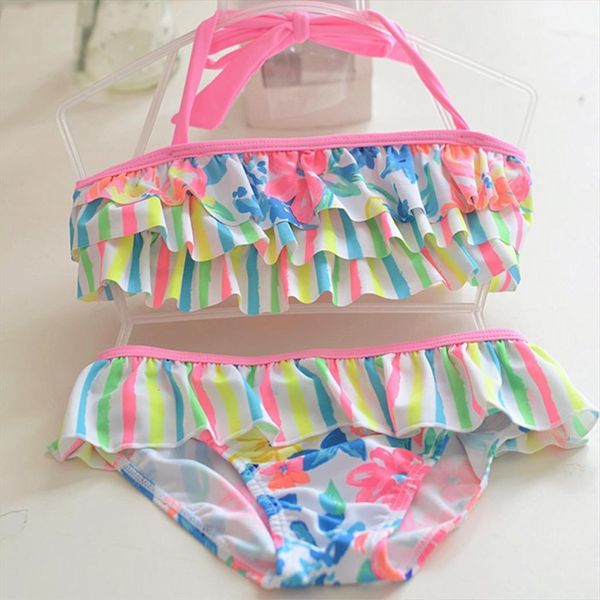 

style children ruffle swimsuit kid girl color striped flower floral cake sweet swimwear biquini bikini costume, White
