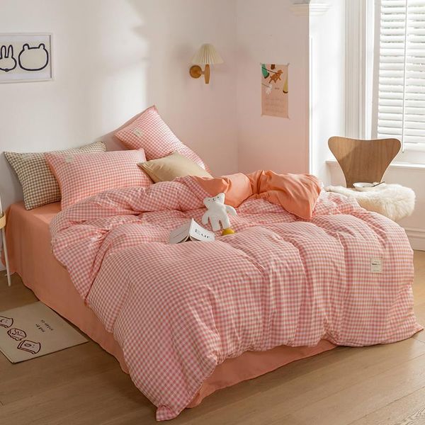 

bedding sets pink plaid girls women duvet cover set bed sheet pillowcases twin full  king size bedclothes for bedroom decor