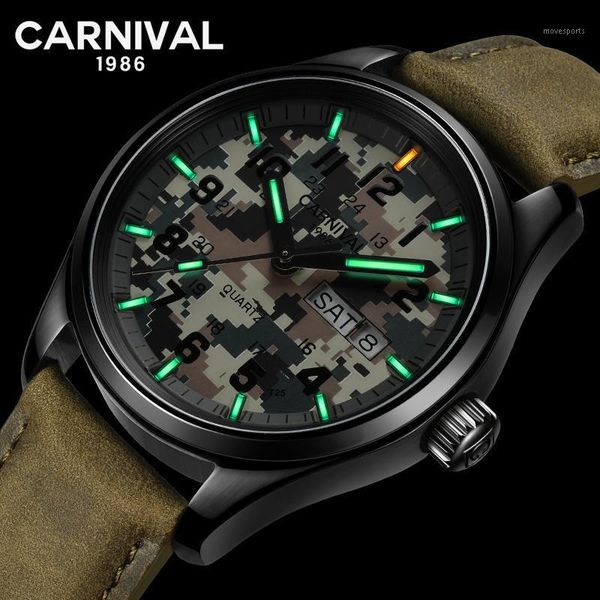 

carnival t25 luminous xenon watch men's waterproof quartz military sports camouflage luxury leather clock wristwatches, Slivery;brown