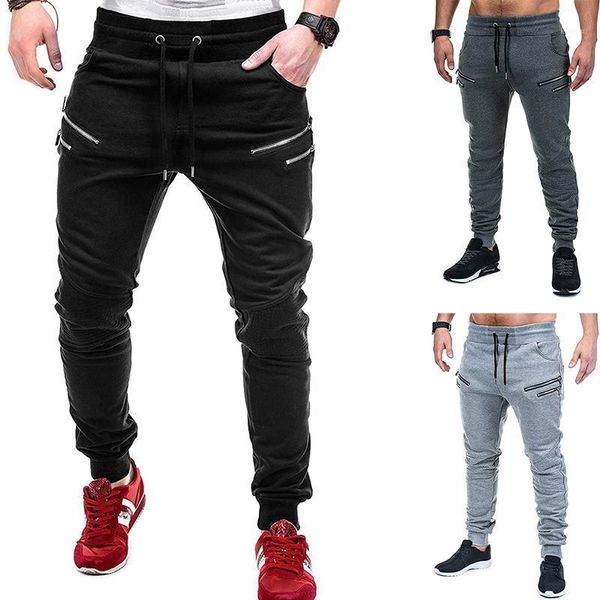 

men's pants sweatpants men zipper stitching and rope pulling sports leg, Black