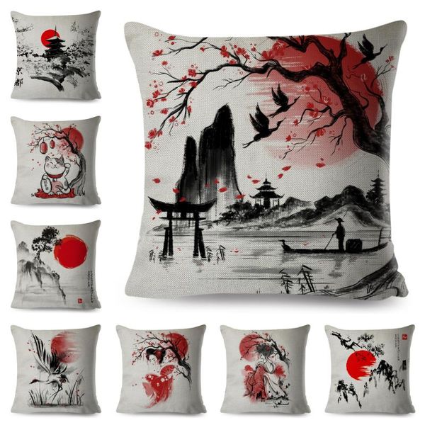 

cushion/decorative pillow japanese style ink cushion cover for sofa home car decor beautiful scenery cat girl pillowcase polyester case 45x4