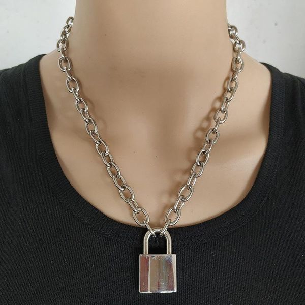 

chains handmade men women chain necklace heavy duty square lock pendant padlock choker metal collar, Silver