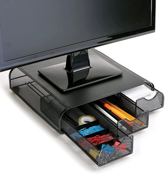 Monmesh-Blk Monitorständer und Schreibtisch-Organizer, schwarzes Metallgeflecht