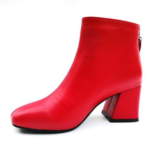 

real leather ankle boots women hoof thick heel autumn ladies high heels shoes g113 woman square toe zipper black white red
