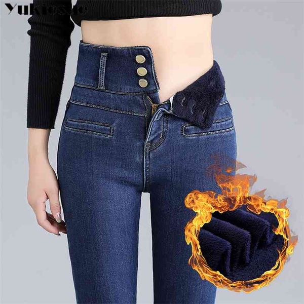

women winter fleece jeans solid warm thicken denim pencil pants fashion skinny jean pants slim trousers plus size 210519, Blue