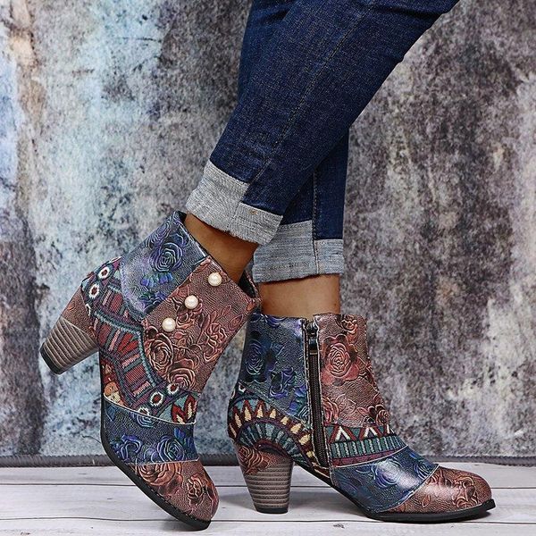 

boots high heels for women fashion shoes women's breathable chunky retro zipper short botas femininas, Black