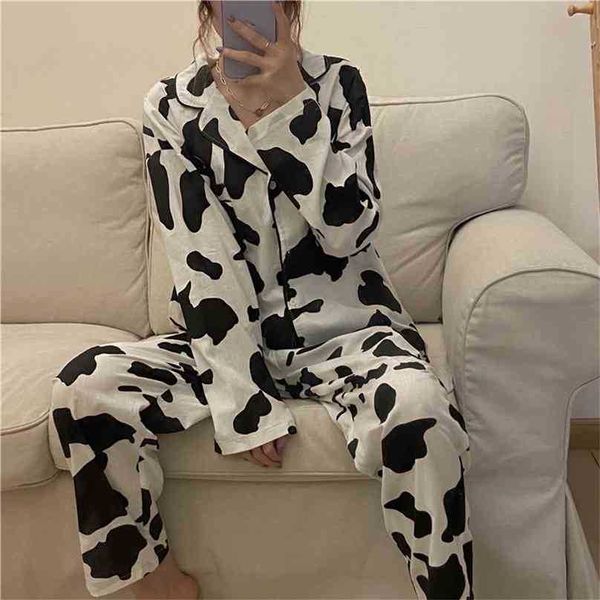 Primavera Doce Animal Impresso All Match Solto Sleepwear Macio Cute 2012 Meninas Homewear Algodão Mulheres Sexy Pijamas Conjuntos 210525