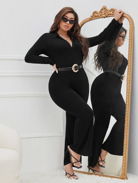 

plus solid zip up jumpsuit without belt l65m#, Black