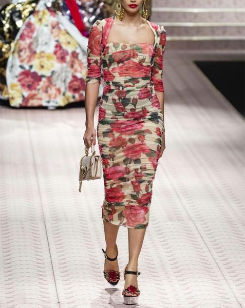 

casual dresses guesod 2021 spring women dress mesh runway designer pink rose print slim bud folds medium length female, Black;gray