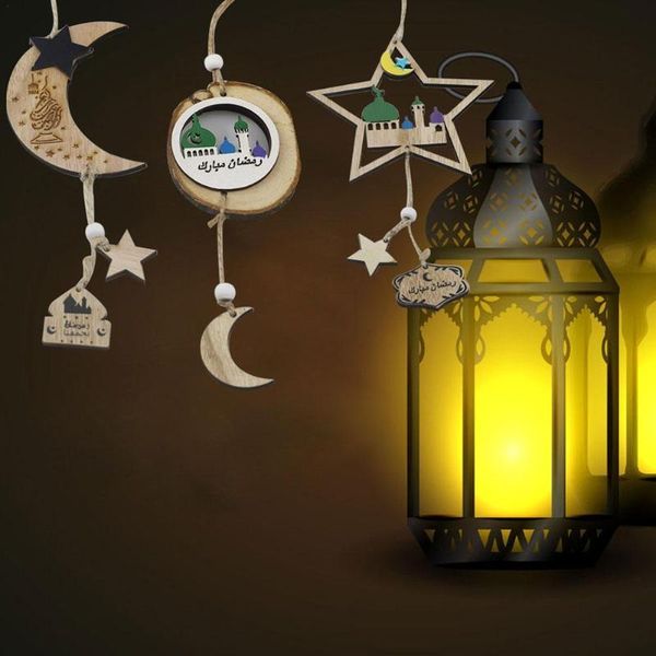 

1pc wooden crafts pendant gurbang eid al-fitr ramadan bark ecology with small moon original star five-pointed f4p0 decorative objects & figu