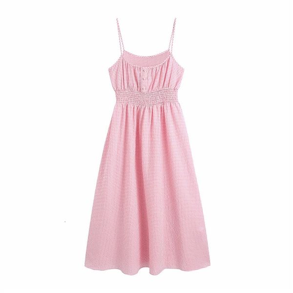 

casual dresses women summer elegant za plaid pink sling long dresess female elastic high waist spaghetti strap midi dress chic lwf, Black;gray