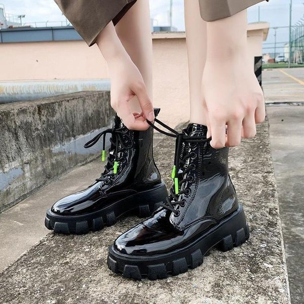 

boots autumn lace-up women round toe ankle for comfortable rubber platform shoes casual, Black
