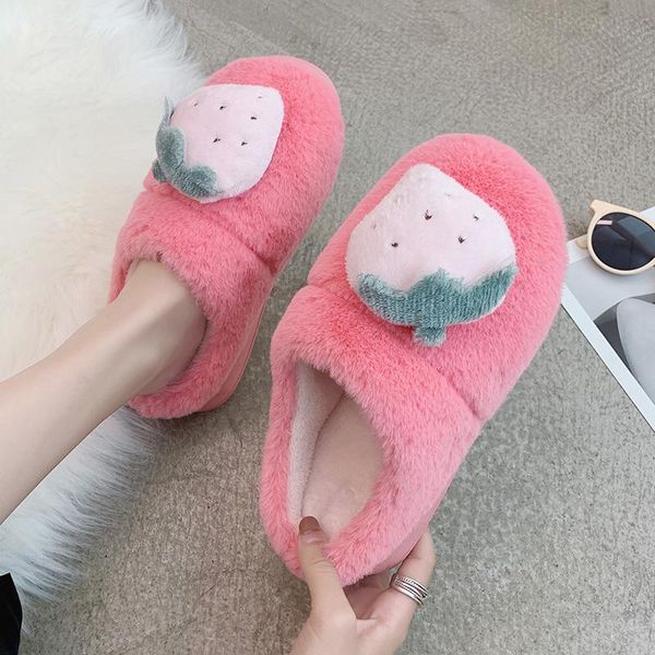 

strawberry fruit pink female shoes winter light indoor fluffy slides warm shoort plush women cute slippers zapatillas mujer, Black
